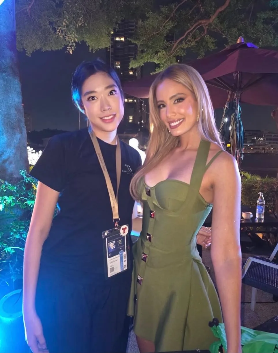 EventLingua host with Julia Gama at a Miss Universe event in Bangkok